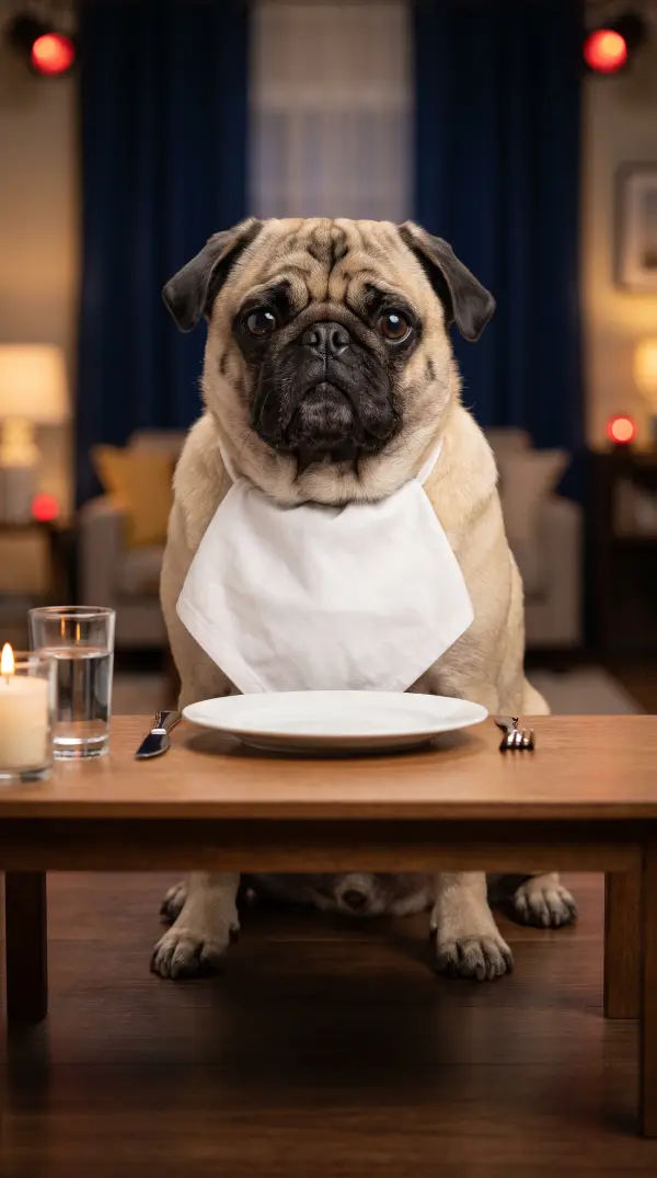 Gordo, pug with a napkin tucked into his collar