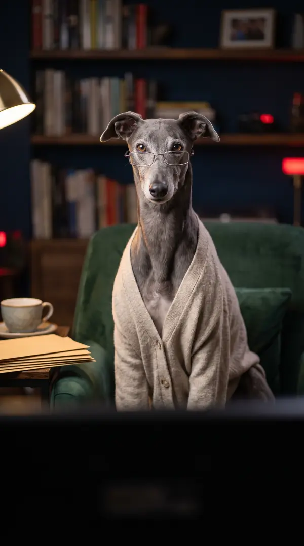 Dr. Greta, retired greyhound in a cardigan and reading glasses